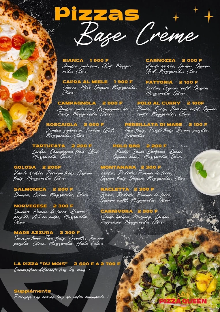 Carte Pizza Queen, pizzas base crème