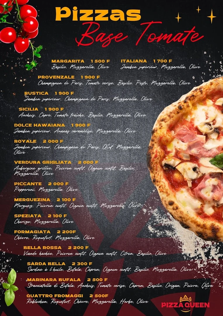 Carte Pizza Queen, pizzas base tomate