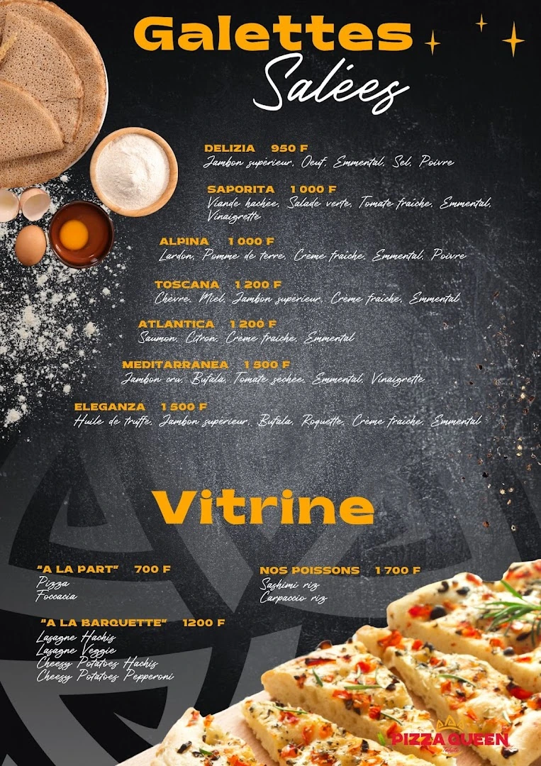 Carte Pizza Queen, galettes salées et vitrine