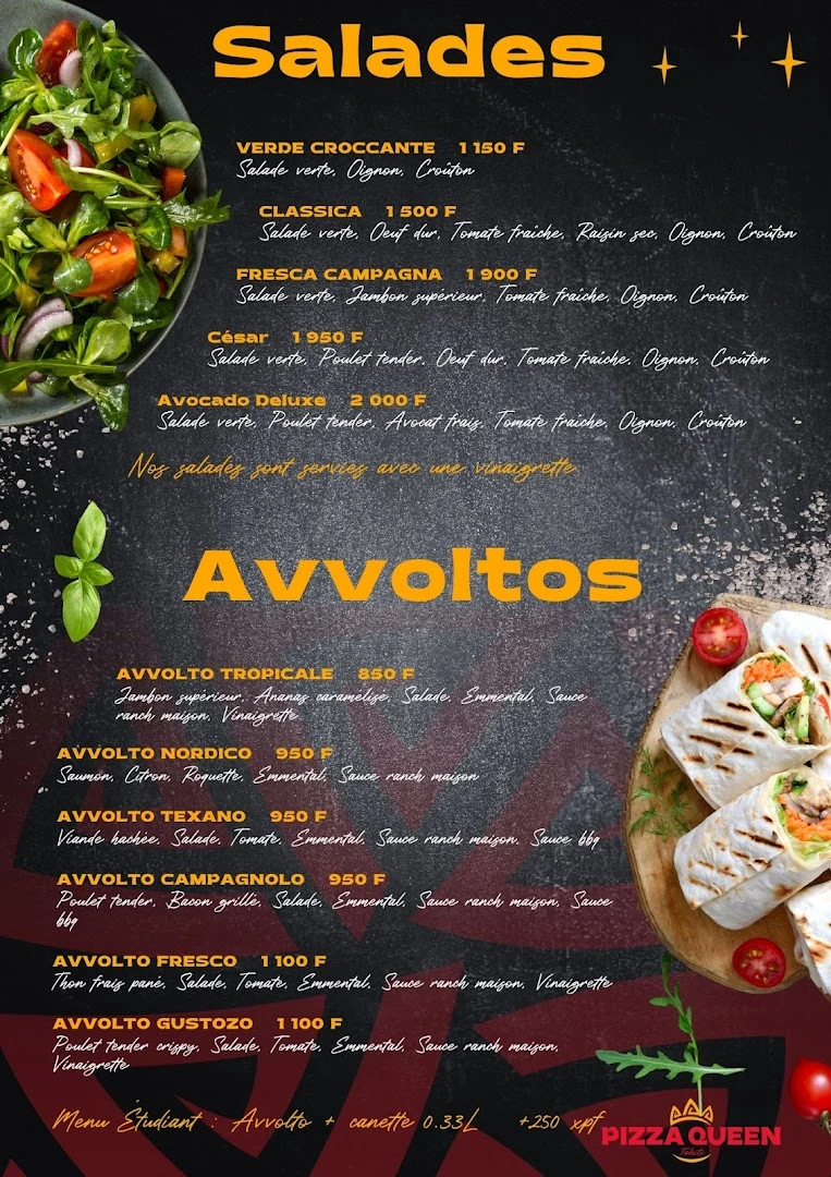 Carte Pizza Queen, salades et avvoltos