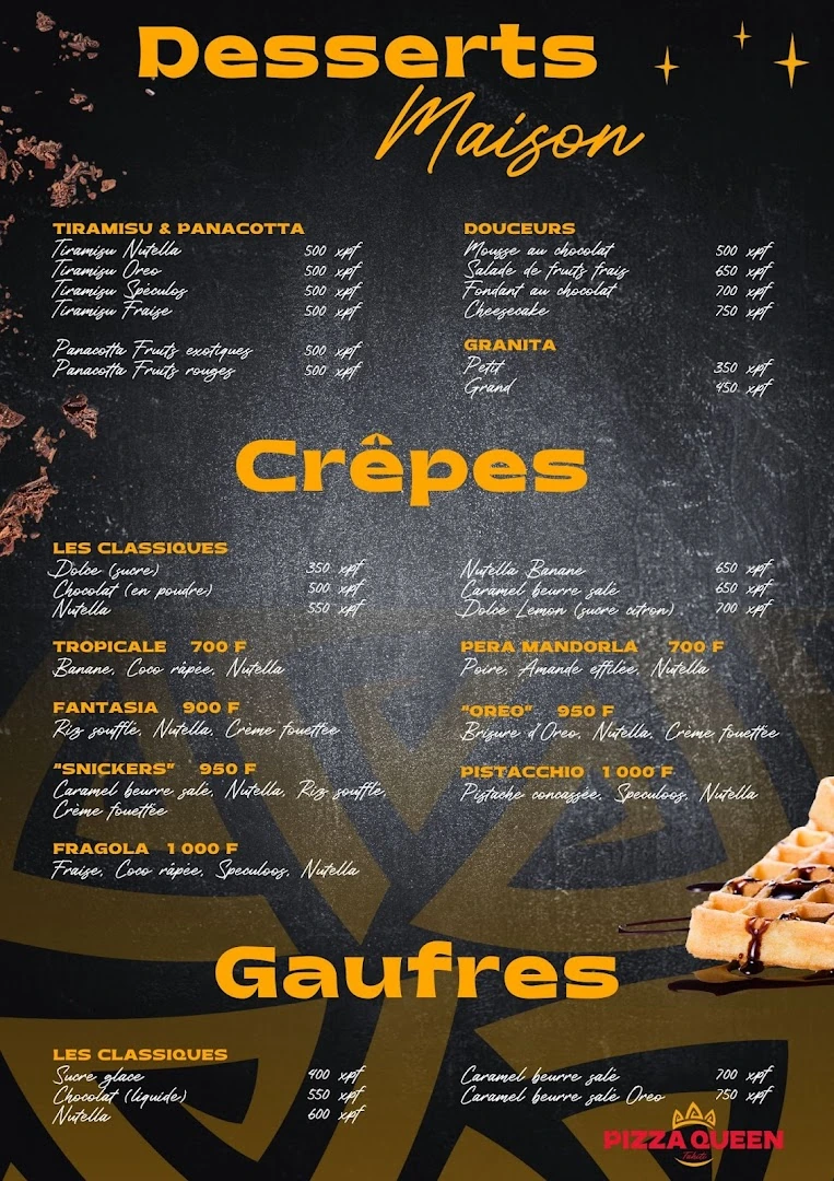 Carte Pizza Queen, desserts crêpes et gaufres
