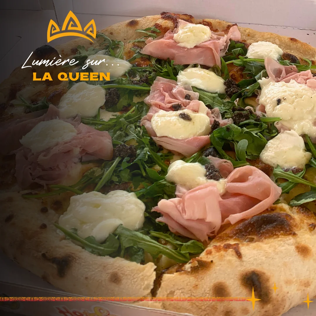Pizza Queen, jambon supérieur, burrata, roquette et copeaux de parmesan